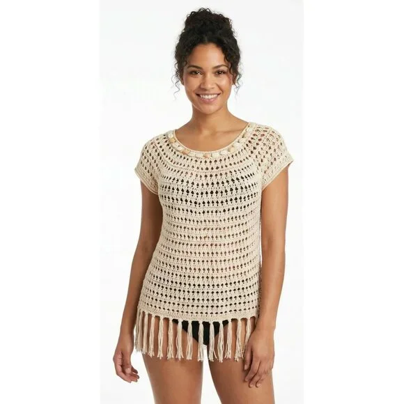 Ruby Rd. Women's Crochet Knit Fringe Tassel Hem Swim Cover-Up Top Size Medium - Picture 3 of 11